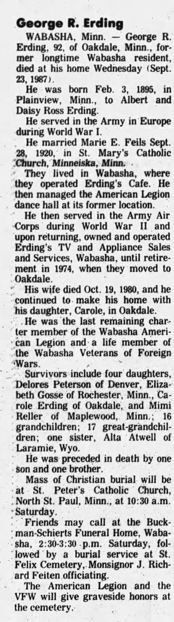Obituary for George R. Erding, 1895-1987 (Aged 92)